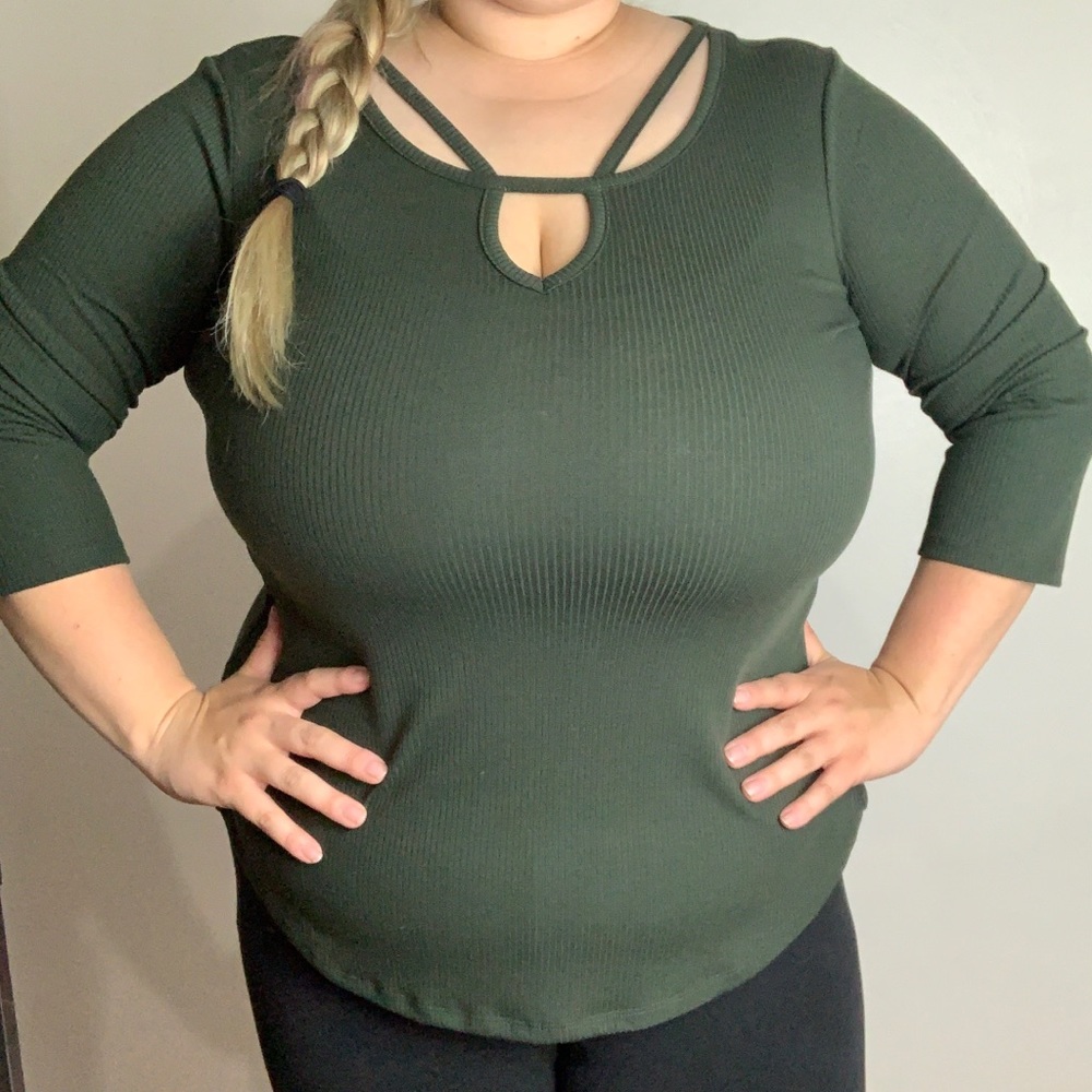 Olive + Oak Forest Green Ribbed 3/4 Sleeve Top XL
